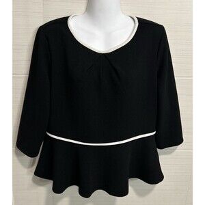 Elle Elegant Black Peplum 3/4 Sleeve Top White Trim XL, Career Office Chic